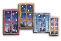 Windows with the night sky filled with stars.